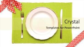  Presentation with ribbon green - Colorful PPT theme enhanced with knife fork and white plate on a green napkin with dotted red satin gift bow and ribbon on a white background backdrop and a blonde colored foreground