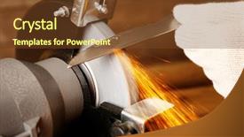  Presentation with blade - Amazing PPT theme having knife sharpener and hand backdrop and a tawny brown colored foreground