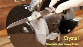  Presentation with blade - Audience pleasing theme consisting of knife sharpener and hand backdrop and a tawny brown colored foreground