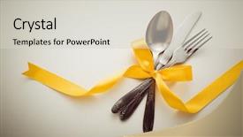  Presentation with food in spoon falling - PPT theme having knife with decorative ribbon background and a lemonade colored foreground