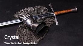  Presentation with sword - Colorful slide deck enhanced with knighthood - medieval chain mail iron gauntlet backdrop and a dark gray colored foreground