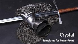  Presentation with sword - Presentation design consisting of knighthood - medieval chain mail iron gauntlet background and a dark gray colored foreground