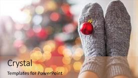  Presentation with knitted knitting needle - Theme enhanced with knitted socks on christmas tree background and a coral colored foreground