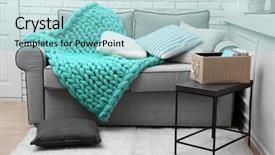  Presentation with knitted knitting needle - PPT theme with knitted woolen blanket on sofa background and a light blue colored foreground
