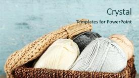  Presentation with yarn - Theme having knitting yarn and cap in basket on wooden background background and a sky blue colored foreground