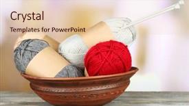  Presentation with needles - Amazing PPT theme having knitting yarn with knitting needles on wooden table on light background backdrop and a lemonade colored foreground