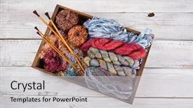  Presentation with yarns - Presentation design consisting of knitting yarns and needles background and a light gray colored foreground