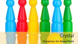  Presentation with bowling - Slides with knock tournament - colorful plastic skittles of toy background and a yellow colored foreground