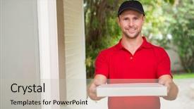  Presentation with man door - PPT theme with knock door - pizza delivery man delivering pizzas background and a light gray colored foreground