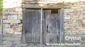  Presentation with wood - Audience pleasing slide deck consisting of doorknob - wood and stone houses backdrop and a gray colored foreground