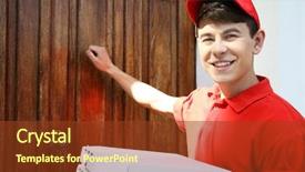  Presentation with man door - Slides with knock door - young man delivering pizza box background and a tawny brown colored foreground