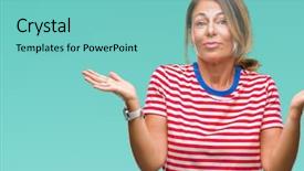  Presentation with woman hands raised to sky - Presentation theme featuring know - middle age senior hispanic woman background and a seafoam green colored foreground