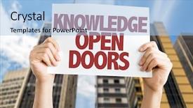  Presentation with knowledge - Colorful PPT theme enhanced with know employees - knowledge open doors placard backdrop and a light blue colored foreground