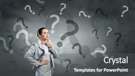  Presentation with 3d man sitting question mark - Theme consisting of know employees - portrait of pretty young businesswoman background and a gray colored foreground