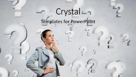  Presentation with question marks - Theme consisting of know employees - portrait of pretty young businesswoman background and a light gray colored foreground
