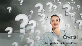  Presentation with questions question marks idea - Cool new PPT theme with know employees - portrait of pretty young businesswoman backdrop and a light gray colored foreground
