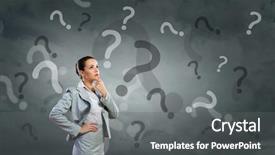  Presentation with question marks - Presentation theme with know employees - portrait of pretty young businesswoman background and a gray colored foreground