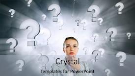  Presentation with question marks - PPT theme with know employees - portrait of pretty young businesswoman background and a light blue colored foreground
