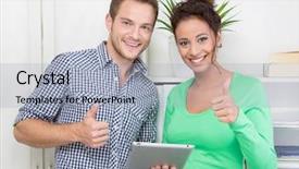  Presentation with holding hands - Slide set enhanced with know employees - satisfied young colleagues showing alright background and a  colored foreground