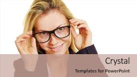  Presentation with personal protective equipment safety glasses - Colorful presentation theme enhanced with know employees - smiling young businesswoman puts backdrop and a coral colored foreground