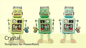  Presentation with robot - PPT theme enhanced with know employees - three robot toys background and a blonde colored foreground