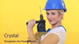  Presentation with drill - Beautiful PPT theme featuring knowing yourself - blonde woman holding a power backdrop and a yellow colored foreground