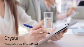  Presentation with notebook - Slide deck having knowledge management system - woman making notes in notebook background and a coral colored foreground