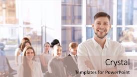  Presentation with knowledge management - Presentation theme with knowledge management system - young man at business presentation background and a  colored foreground