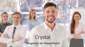  Presentation with group of diverse people - Cool new theme with knowledge management system - young man with group backdrop and a  colored foreground