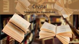  Presentation with library - Beautiful PPT theme featuring knowledge storage - flying open books in library backdrop and a coral colored foreground