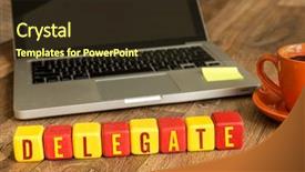  Presentation with knowledge transfer - Slide deck with knowledge transfer - delegate written on a wooden background and a wine colored foreground