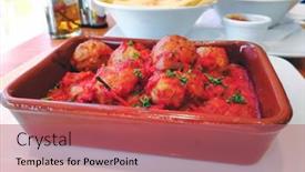  Presentation with moroccan - Slide deck having kofta-tagine-moroccan-meatballs-served background and a coral colored foreground