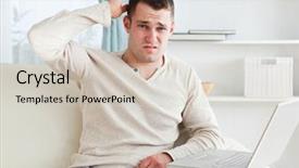  Presentation with young man holdng laptop on lap money - Slide deck consisting of komputer problem - confused man using a laptop background and a  colored foreground