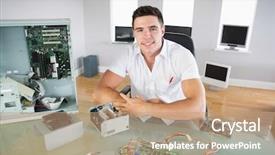  Presentation with computer - Slide set enhanced with komputer problem - nice looking computer engineer sitting background and a coral colored foreground