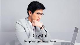  Presentation with laptop - Beautiful PPT theme featuring komputer problem - pensive businessman sitting backdrop and a  colored foreground