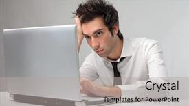  Presentation with young man holdng laptop on lap money - Amazing presentation theme having komputer problem - portrait of tired businessman using backdrop and a  colored foreground