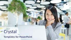  Presentation with cyber stalking computer laptop suffering - Audience pleasing slides consisting of businesswoman working on laptop computer backdrop and a sky blue colored foreground