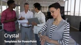  Presentation with front office - Colorful PPT theme enhanced with diverse business team discussing plans backdrop and a dark gray colored foreground