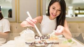  Presentation with chinese restaurant - Cool new PPT layouts with korean snacks - woman having dinner in chinese backdrop and a lemonade colored foreground
