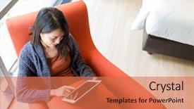  Presentation with using digital tablet - Theme having korean drama - woman using digital tablet background and a coral colored foreground