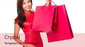  Presentation with bag - Audience pleasing theme consisting of korean festival - chinese woman hold with shopping backdrop and a red colored foreground