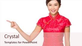  Presentation with finger point - Theme consisting of korean festival - chinese young woman with finger background and a lemonade colored foreground