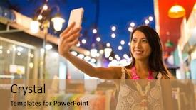  Presentation with selfie - PPT layouts with korean festival - woman taking selfie by cellphone background and a  colored foreground