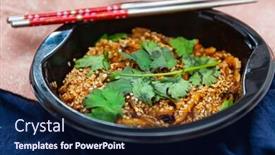  Presentation with sweet potato - Beautiful slide set featuring korean-japchae-recipe-with-chicken backdrop and a navy blue colored foreground