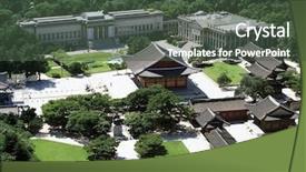  Presentation with landscape maintenance vehicle - Beautiful presentation design featuring korean museum - view and landscape of seoul backdrop and a  colored foreground