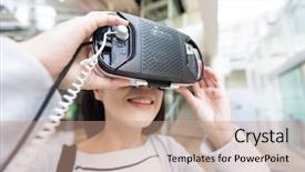  Presentation with museum - PPT theme enhanced with korean museum - woman looking with vr device background and a  colored foreground