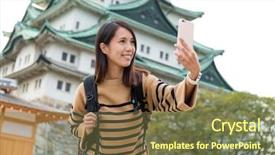  Presentation with korean - Colorful presentation design enhanced with korean museum - woman taking photo with nagoya backdrop and a violet colored foreground