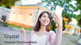  Presentation with macau - Presentation theme with korean museum - woman taking selfie by mobile background and a lemonade colored foreground