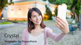  Presentation with retail smart phone shopping - Presentation theme with korean museum - woman taking selfie by smart background and a light blue colored foreground