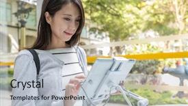  Presentation with korean - Amazing slide set having korean museum - woman touching on tbalet computer backdrop and a  colored foreground